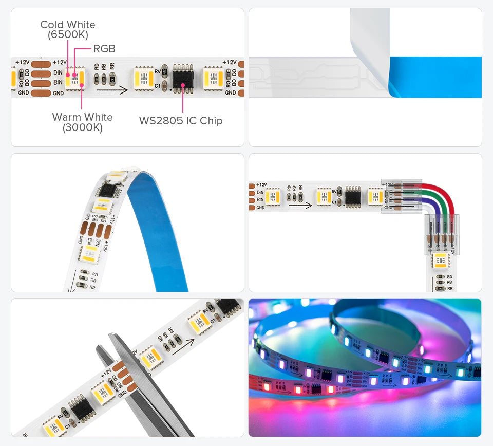 WS2805 SPI RGBCCT Pixel Led Strip 4Pin 60Leds/m IP30 IP65 IP67 Waterproof Addressable Smart Led Lights Strip Black White PCB 24V