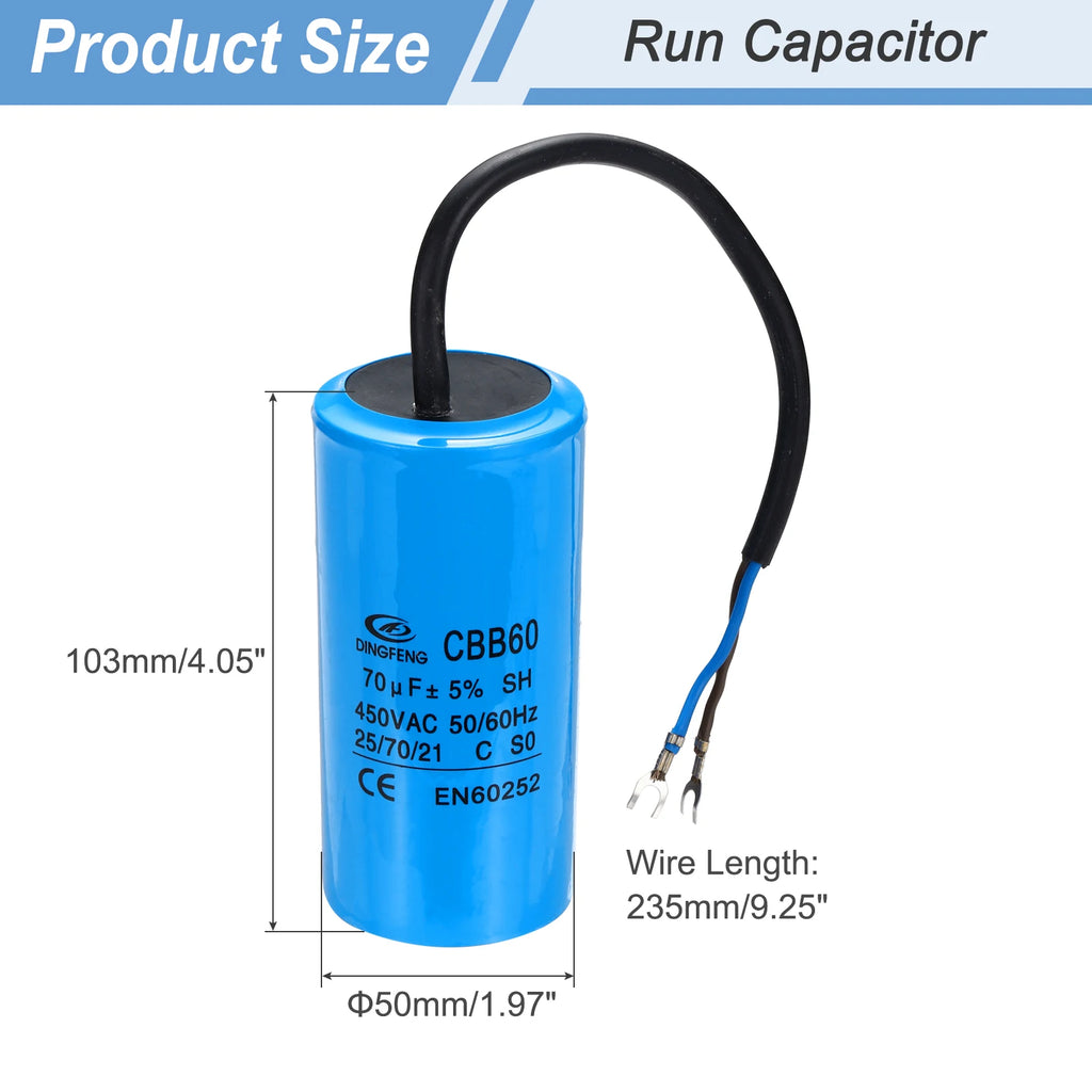 1/2Set CBB60 25-70uF Running Capacitor AC 450V 2 Wires 50/60Hz for Air Compressor Motor Washing Machine Refrigerator Motor Start