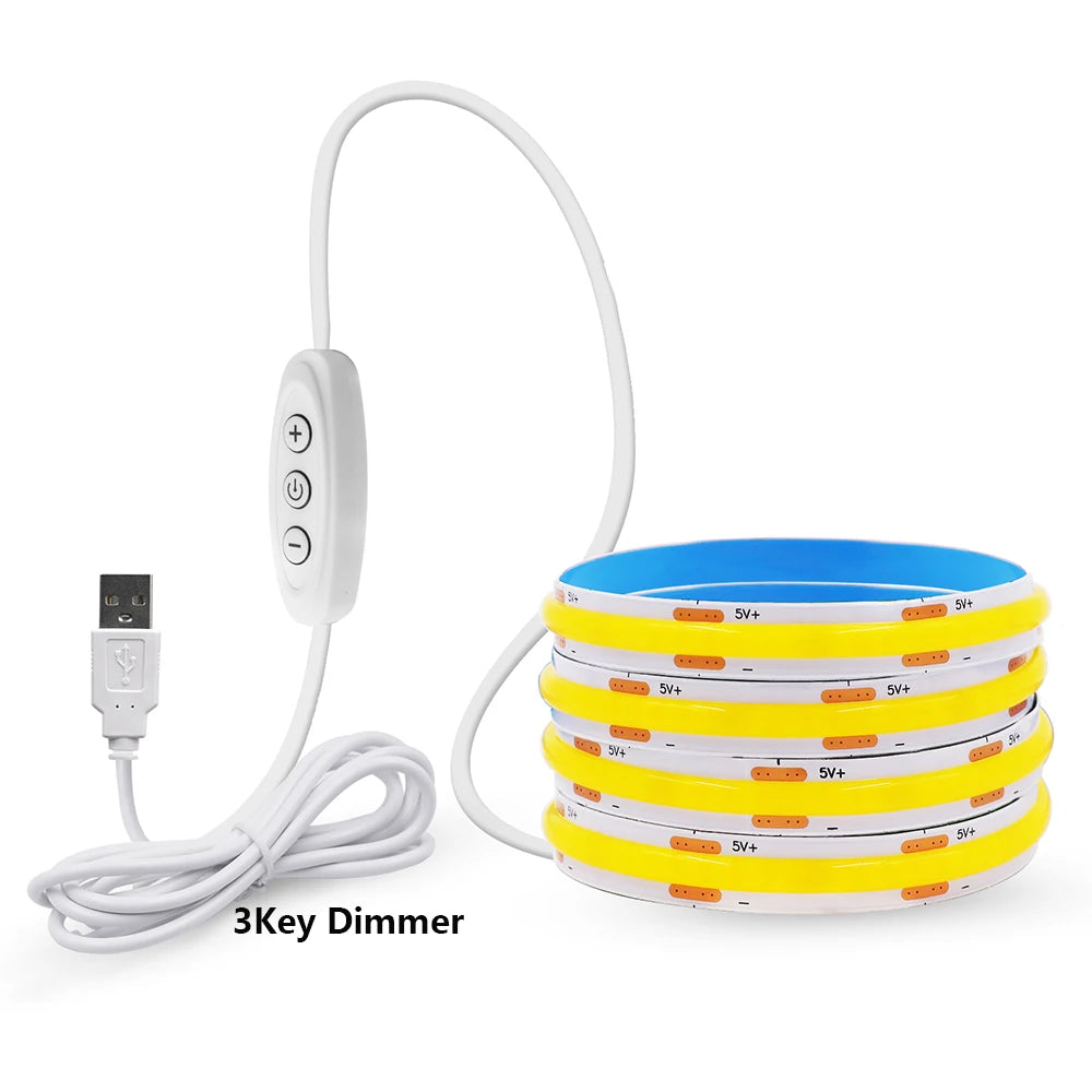 DC 5V COB LED Strip Light With USB 2PIN Wire DC Plug 8MM 320LED High Density Flexible Tape 3000K 4000K 6000K Warm Natural White