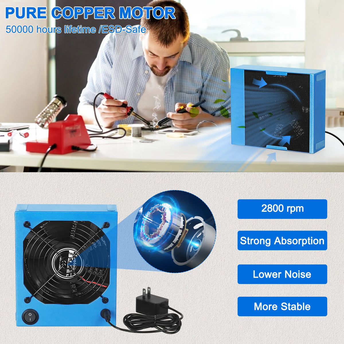NEWACALOX Soldering Fan Smoke Absorber DIY Working Fan with 2Pcs Filter Sponge 110-240V Welding Fume Extractor for Soldering
