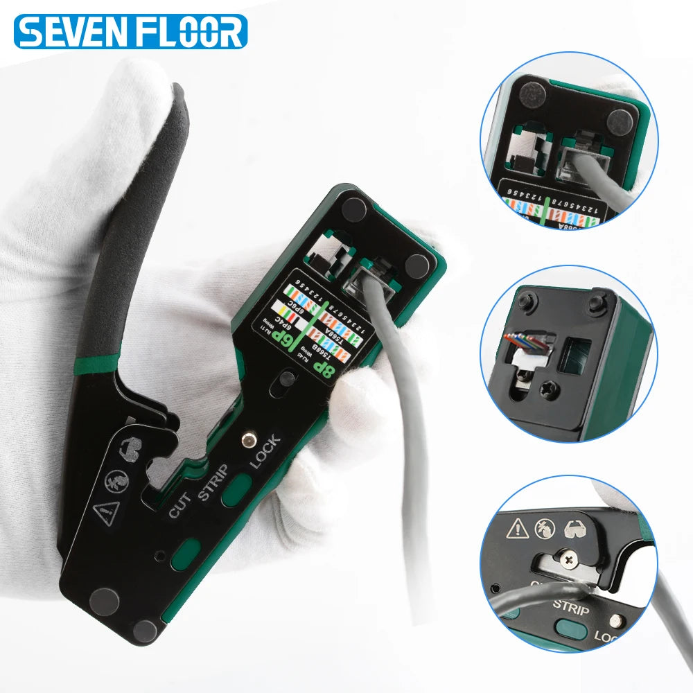RJ45 Crimp Tool RJ12/11 Crimper Plier Pass Through Ethernet Stripping Crimping Tool for Cat6 Cat5 Cat5e RJ45 Connectors