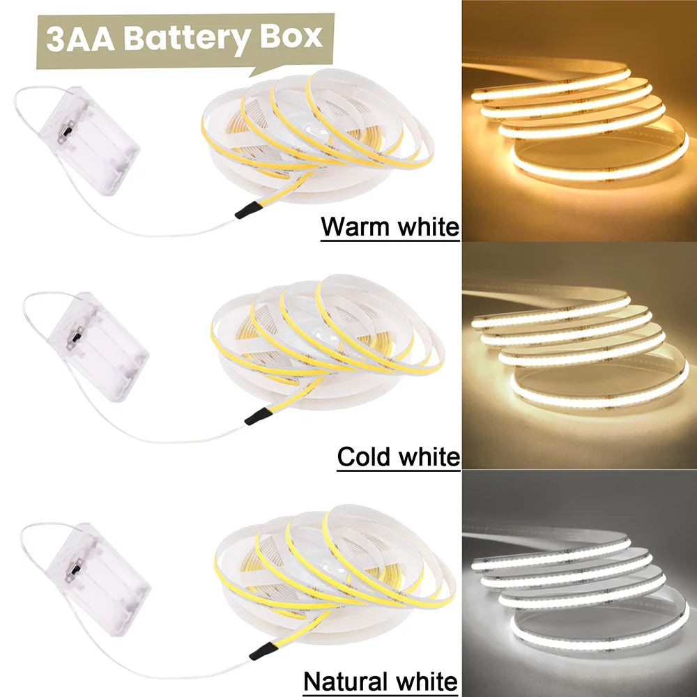 3mm 5mm PCB Battery Power COB LED Strip Light 5V Warm Natural White Blue Red Green Pink Tape 320LEDs 8mm High Density Flex Lamp