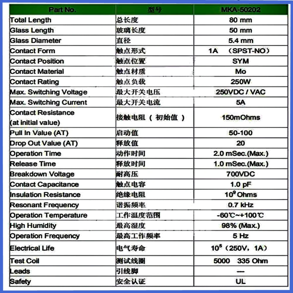 5PCS/Lot MKA50202 Reed tube 5*50MM normally open type high-power high-current 5A 250W sensor magnetic control switch MKA50202