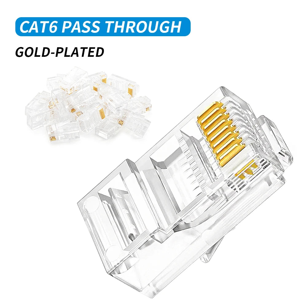 100PCS RJ45 Cat6 Pass Through Connector RJ45 Modular Plugs 1.1mm Hole for Solid or Stranded UTP Cable