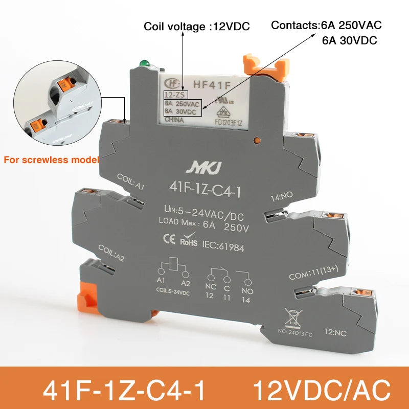 Din Rail Slim Relay Module 41F-1Z-C4-1 Integrated PCB Mount Power Relay With Relay Holder  Relay Socket 6.2mm