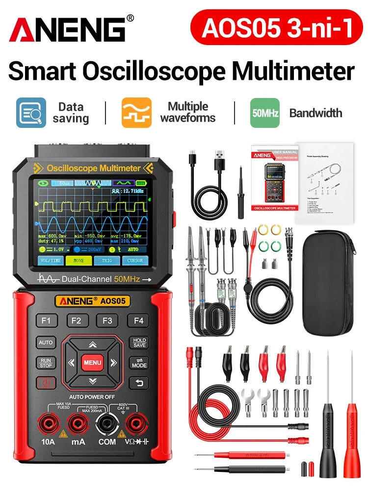 Dual-channel Oscilloscope Rechargeable 50MHz Bandwidth 200MSa/s Sampling Smart Automatic 3-in-1 Detector 25000 Count ANENG AOS05