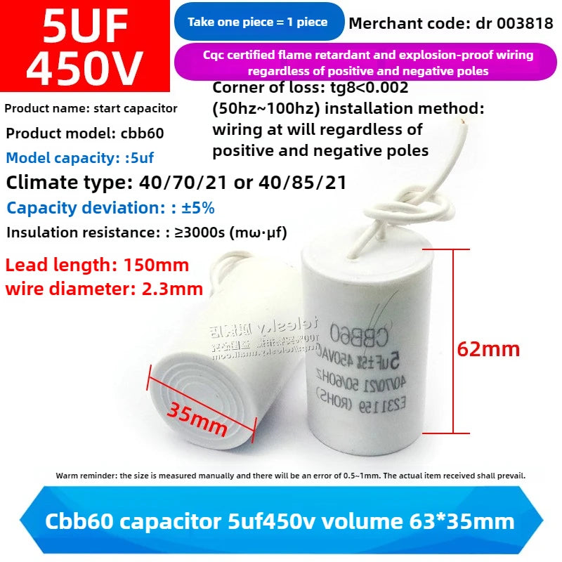 CBB60 Capacitor 450V AC Motor Run Capacitors 3/4/5/6/8/10/12/14/15/16/18/20/30/35/40/50/60/70UF for Washing Machine, Water Pump