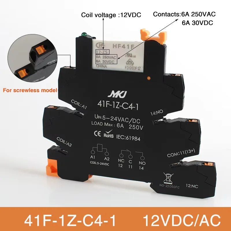 Din Rail Slim Relay Module 41F-1Z-C4-1 Integrated PCB Mount Power Relay With Relay Holder  Relay Socket 6.2mm