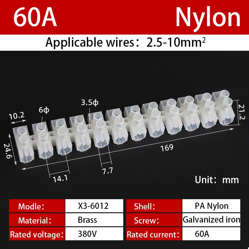 12 Position Barrier Screw X3-1012 Nylon Plastic Terminal Block 20A Transparent White Copper 380V Wire Connector Dual Row