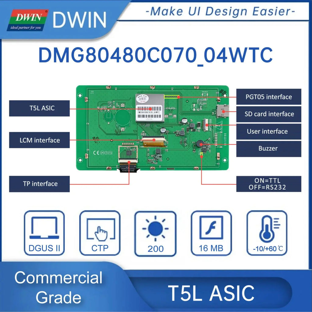 DWIN 7 Inch LCD Module 800*480 RS232/TTL HMI Commercial Touch Panel Screen Smart UART TFT Display DMG80480C070-04W