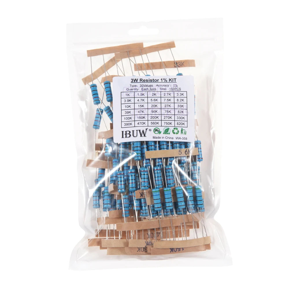 150PCS 300PCS 1/4W 1/2W 1W 2W 3W Resistance 1% Metal Film Resistor Assortment Kit Set 30Values Each 5/10PCS 1~750 1K~820K Ohm