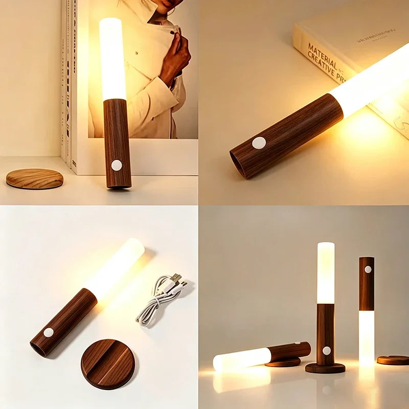 Wood Grain Motion Sensor Light Indoor Magnet Body Hallway Rechargeable LED Wireless Wall Sconce Portable Decor Torch Night Light
