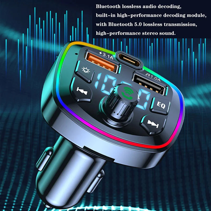 General Car Charger Bluetooth 5.0 FM Transmitter Handsfree PD Type-C Dual USB Ambient Player MP3 Charger Type-C Wireless Light
