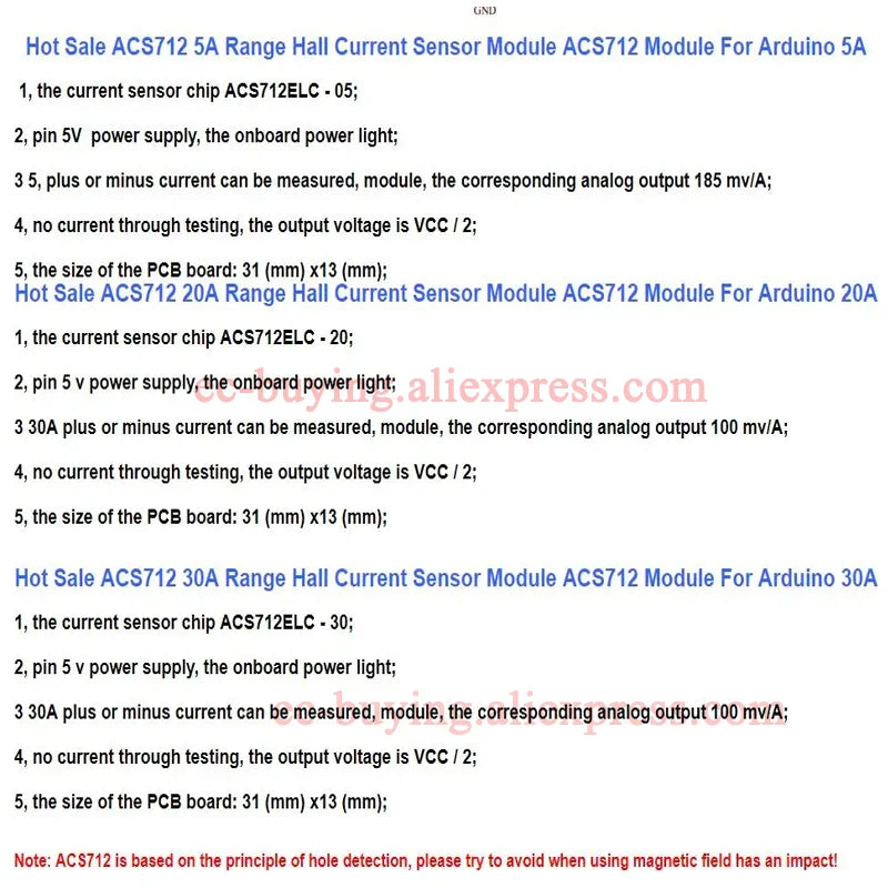 10Pcs/1pc ACS712 ACS758 Hall Current Sensor Module Detector 5A 20A 30A 50A 100A 150A 200A Range Detection Board For Arduino DIY
