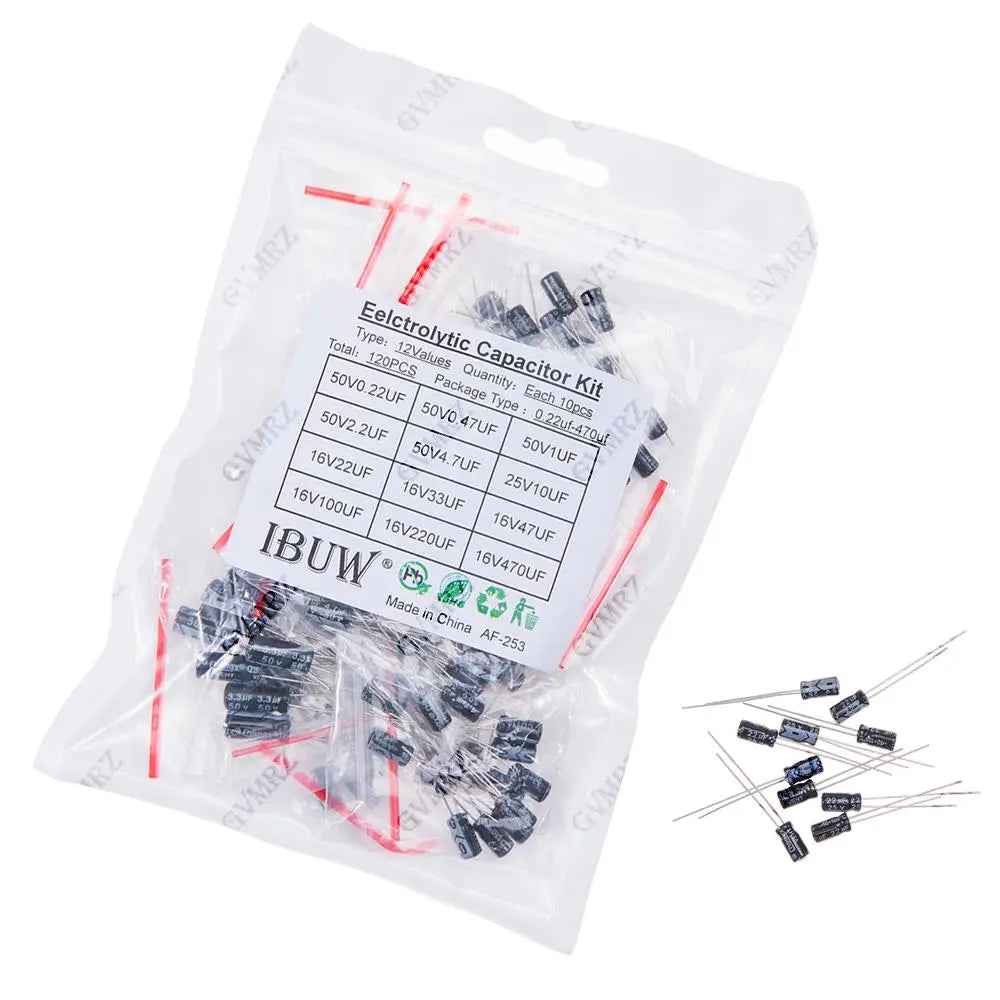 120PCS 12Values Electrolytic Capacitor Kit (0.22μF-470μF 16V-50V) for DIY Electronic Circuit Project 0.22uF 22uF 100uF 33uF 47uF