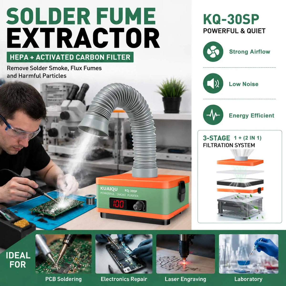 KUAIQU Solder Fume Extractor For Electronics Repair Desktop Smoke Absorber H13 HEPA Carbon Filter Filter Replacement Reminder Adjustable Airflow 1–100% LED Display Real-time Runtime Tracking PCB Soldering Station Flux Fume