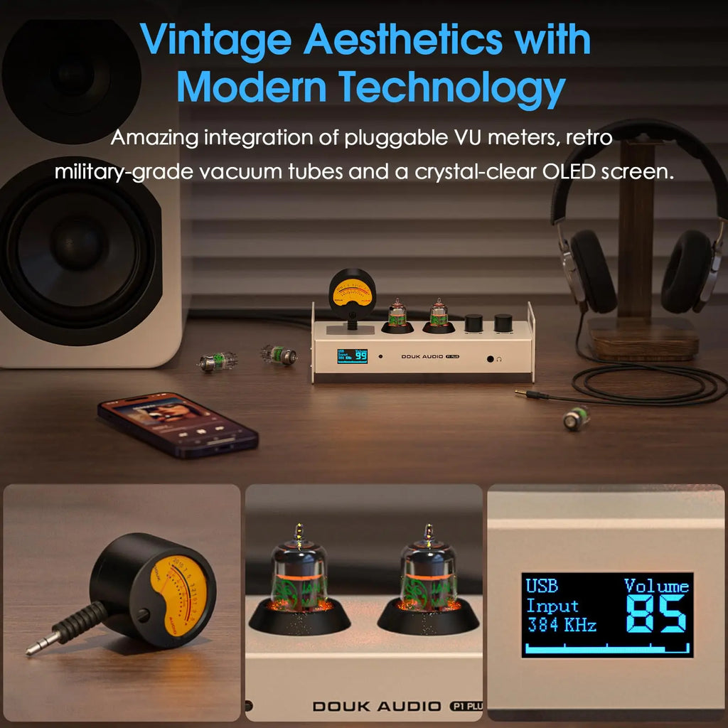 Nobsound P1PLUS HiFi Bluetooth Receiver Vcauum Tube Preamplifier USB DAC Music Player with Headphone out VU Meter DSD256