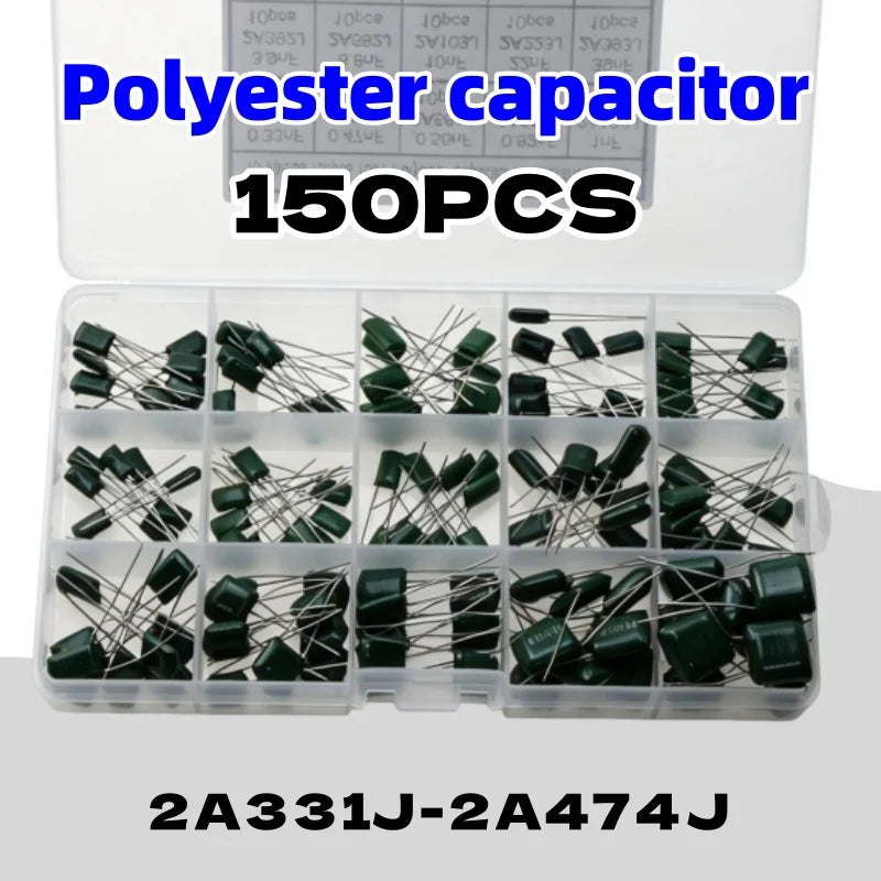 150Pcs 15 Values Polyester Film Capacitor Kit 2A331J 2A471J 2A102J 2A103J 2A223J 2A104J For DIY Soldering PCB Repair