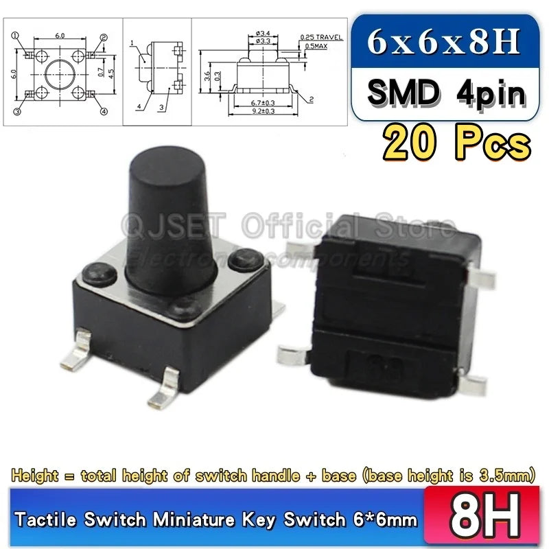 20pcs SMD Tactile Switch 6*6*4.3mm 6x6x5/6/7/8/9/10/11/12/13/14mm 6X6 4-Pin SMT Induction Oven Touch Tactile Button Micro Switch
