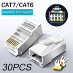 1-30Pcs Pass Through Cat7/Cat6/Cat5 Shielded Connectors RJ45 Plugs Crystal End Gold-Plated 8P8C Crimp UTP Ethernet Modular Plug