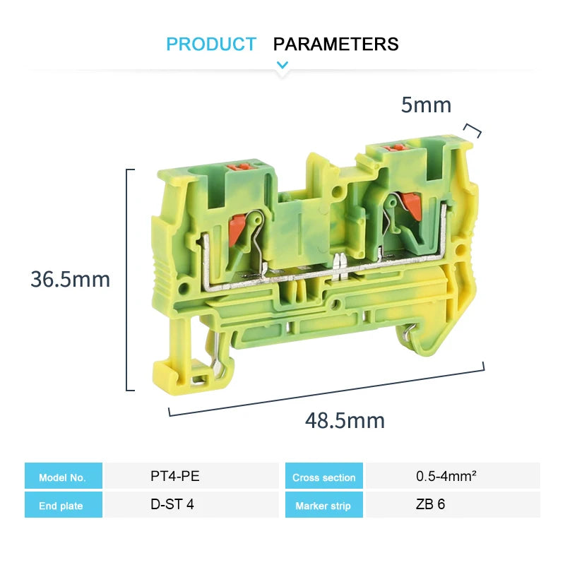 PT4-PE Push-in 4mm² Ground Din Rail Feed-Through Terminal Block Earth Strip Connector Wire Electrical Connector PT 4-PE