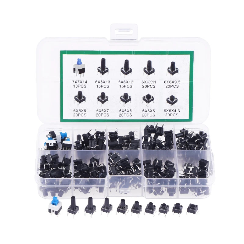180 Pcs Tactile Push Button Switch Kit  - 6mm/7mm SMD & THT Momentary Tact Switch Assortment, Electronic Components DIY Repair