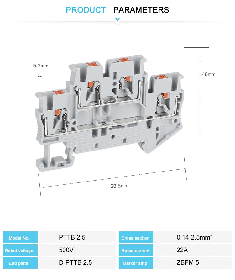 10Pcs PTTB 2.5 Push-in Double Level Din Rail Terminal Block 2 Layer 2.5mm² Plug Electrical Wire Connector PTTB2.5