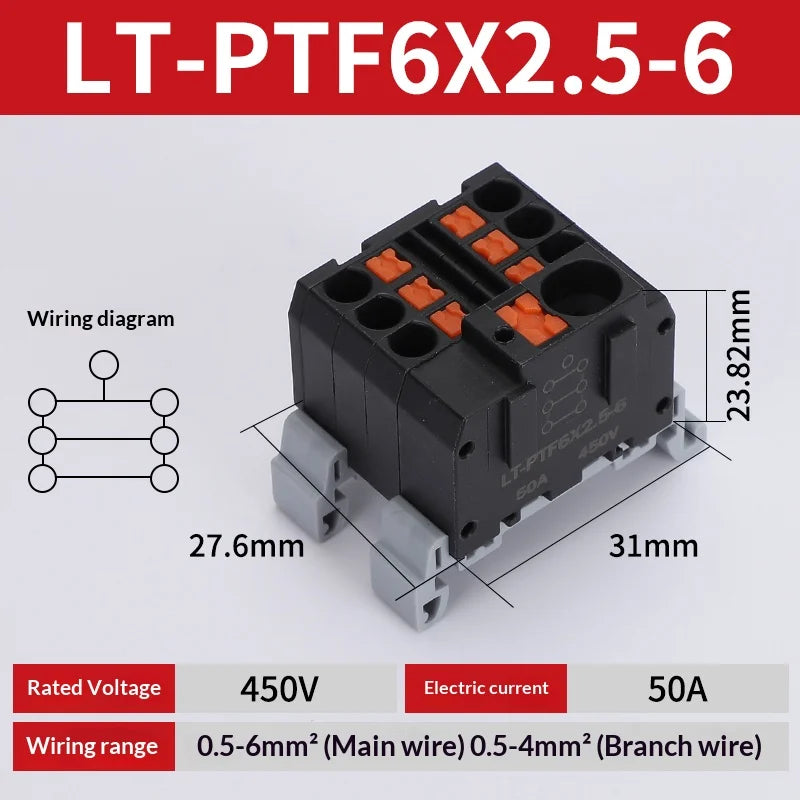 Push-in Terminal Block PTF6X2.5mm One in Multiple Out Splitter Spliceable Wire Connectors DIN Rail Junction Box Electrical Joint