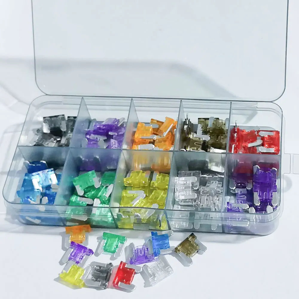 50pcs 100pcs Car Fuse Assortment Set 10 Sizes 2-35A Profile Medium Mini Micro Blade Type Fuses with Storage Box for Auto Truck