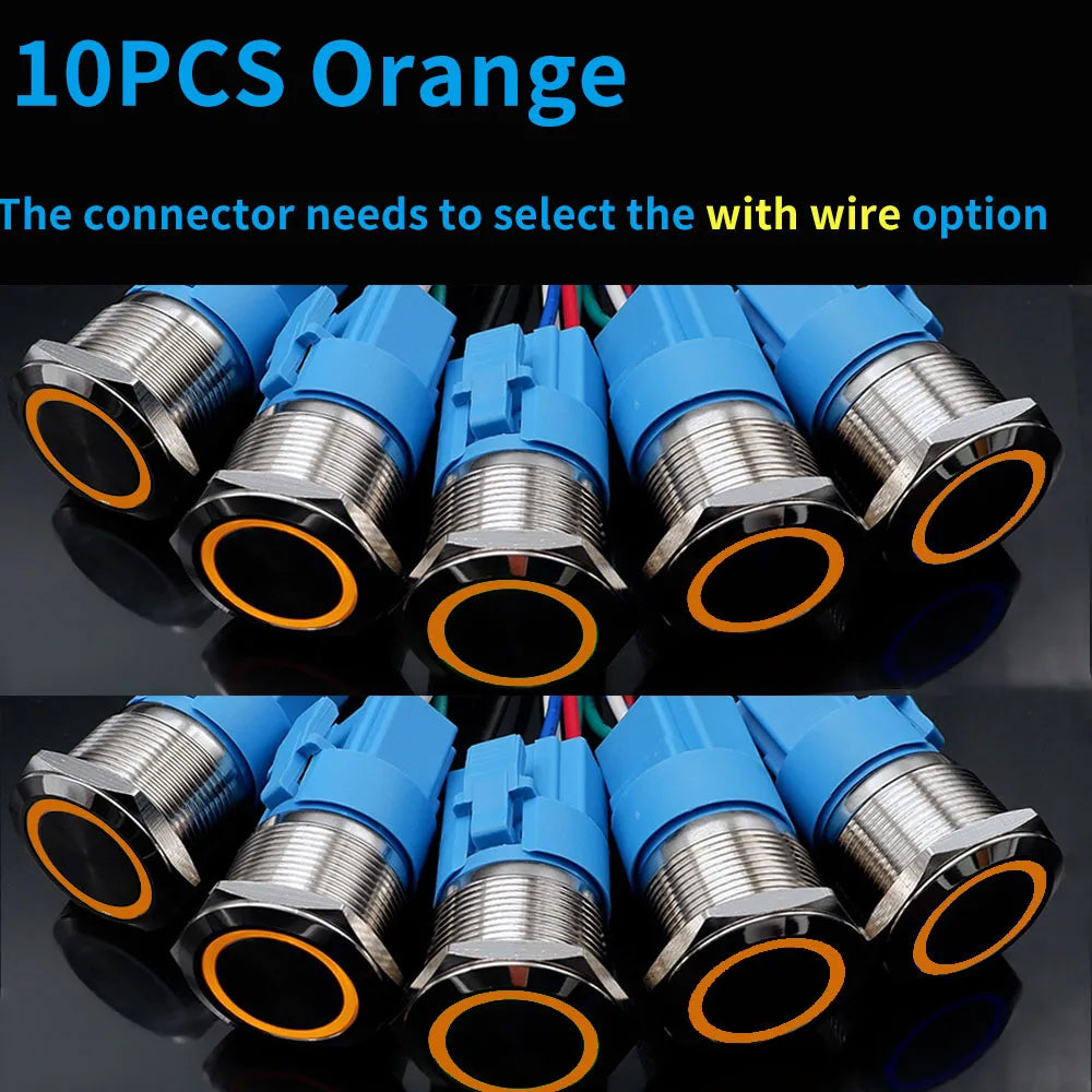 10PCS 16mm 19mm Metal Power Switch Button Flat Round LED Lamp Light Waterproof Latching /Self-reset Button Car Start Switch 12V