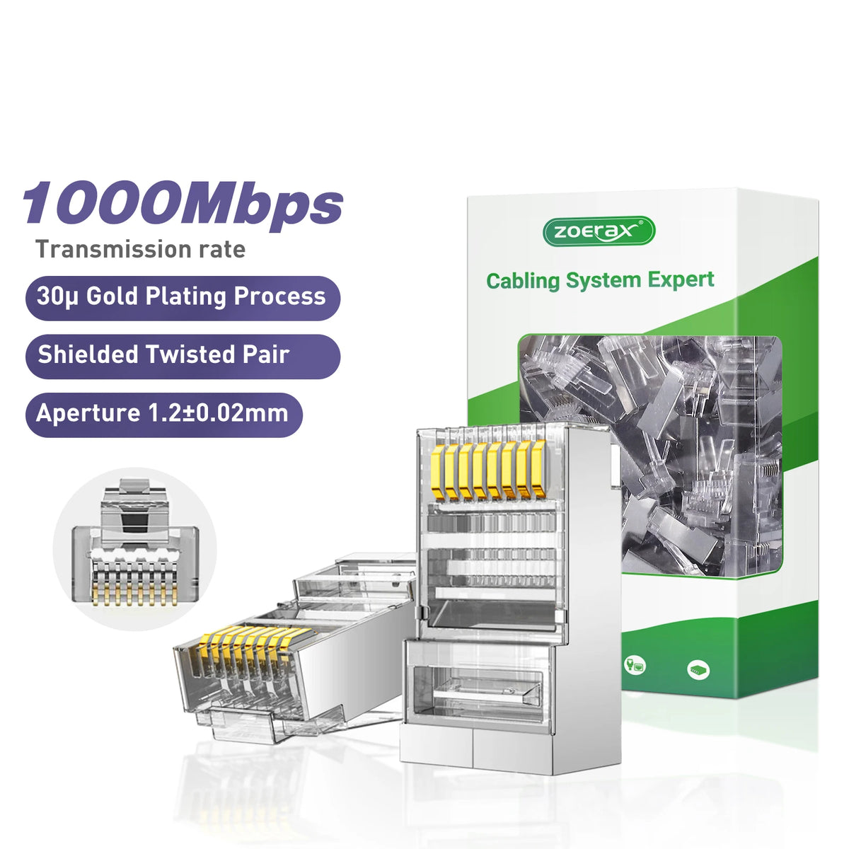 ZoeRax 100-PACK CAT6A CAT6 CAT5E Pass Through Connector Ethernet Connectors UTP Network Plug for Solid Wire and Standard Cable