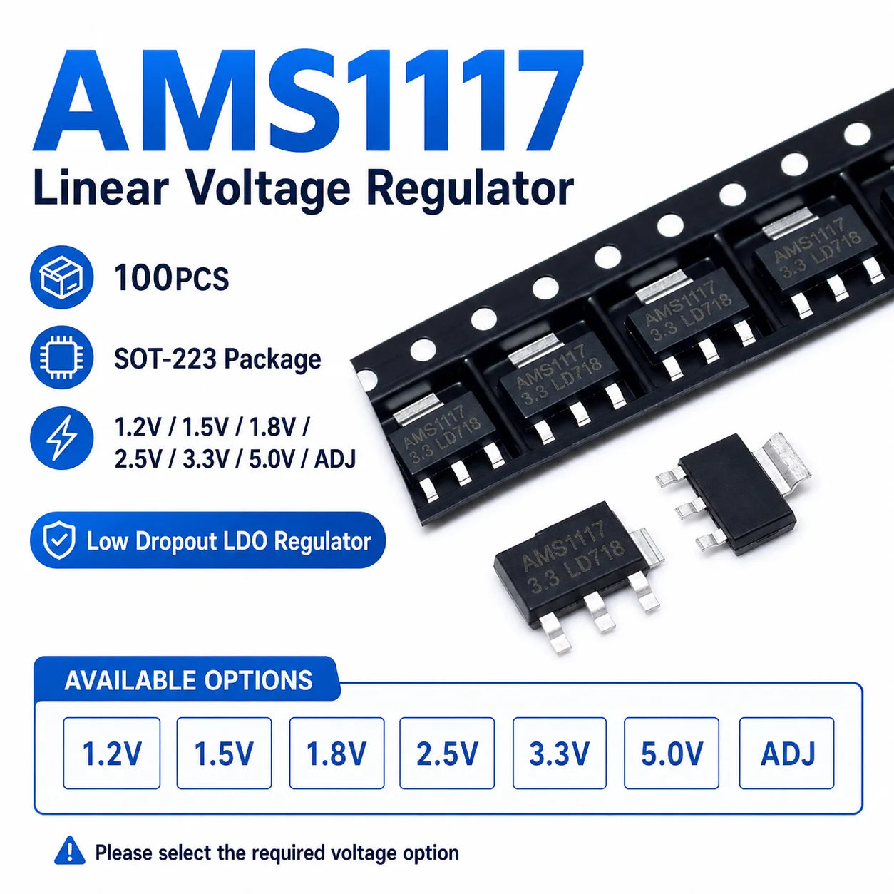 100PCS AMS1117 LM1117 SOT-223 LDO Linear Voltage Regulator IC 1.2V 1.5V 1.8V 2.5V 3.3V 5V ADJ
