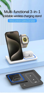 3 in 1 Wireless Charger Stand Foldable 30W LED Fast Charging Station For iPhone 16 15 14 13 12 Apple Watch 9 8 7 6 5 Airpods Pro