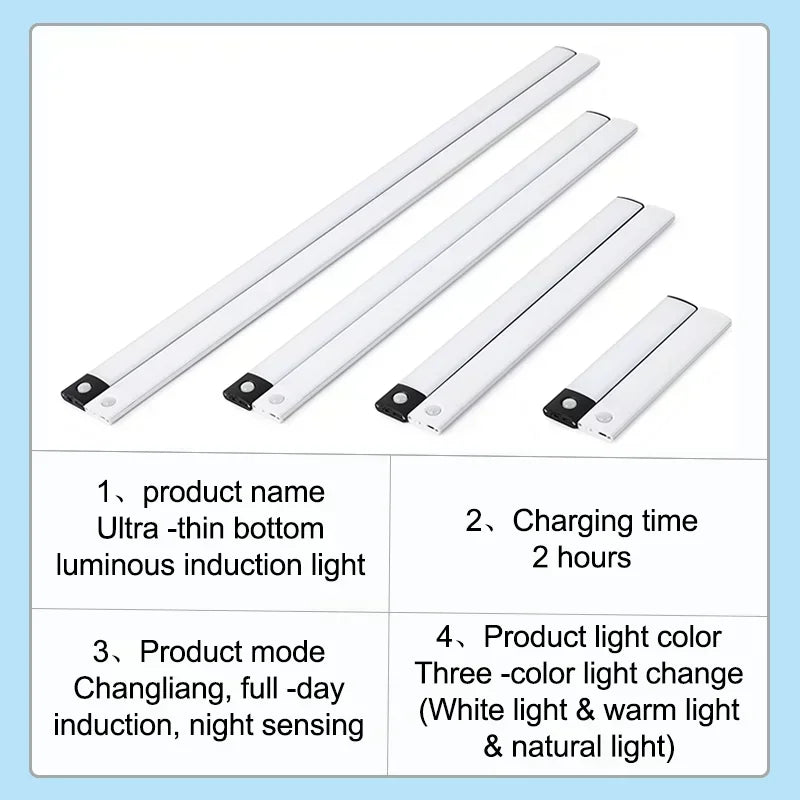 10-60cm USB Rechargeable Ultra-Thin Motion Sensor Light Magnetic Mount  3-Color Adjustment Under Cabinet Light for Home Office