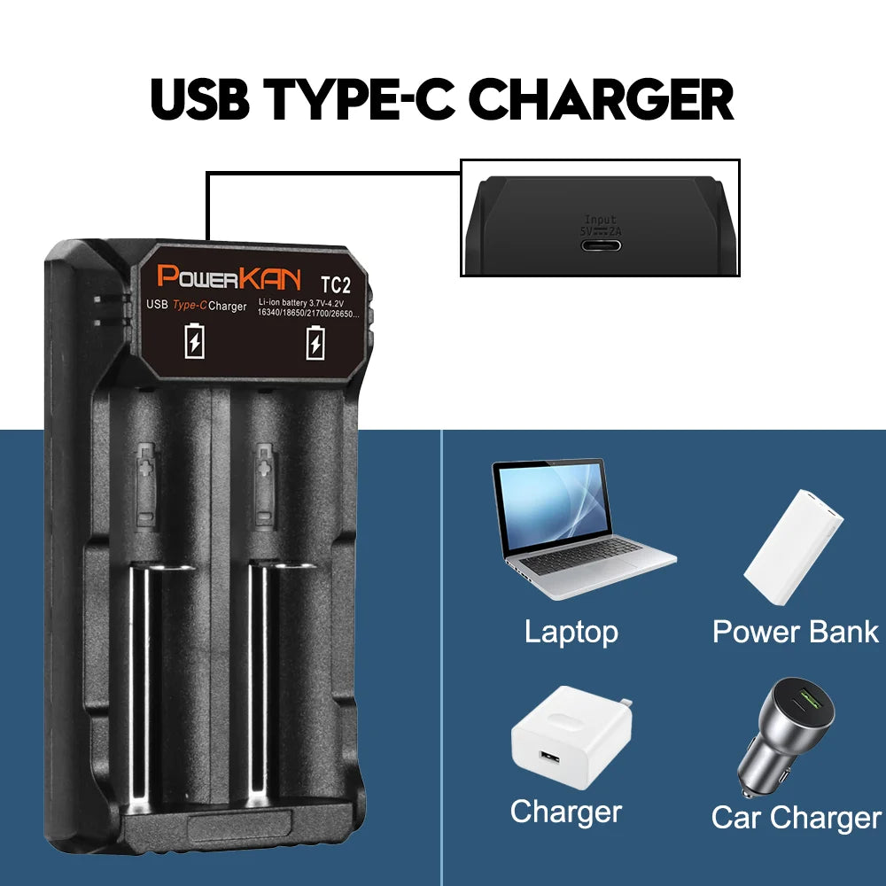 POWERKAN Battery Charger, Type-C USB Input, for 3.7V Li-ion Batteries Compatible with 2665016340 14500 21700 18650 Charging