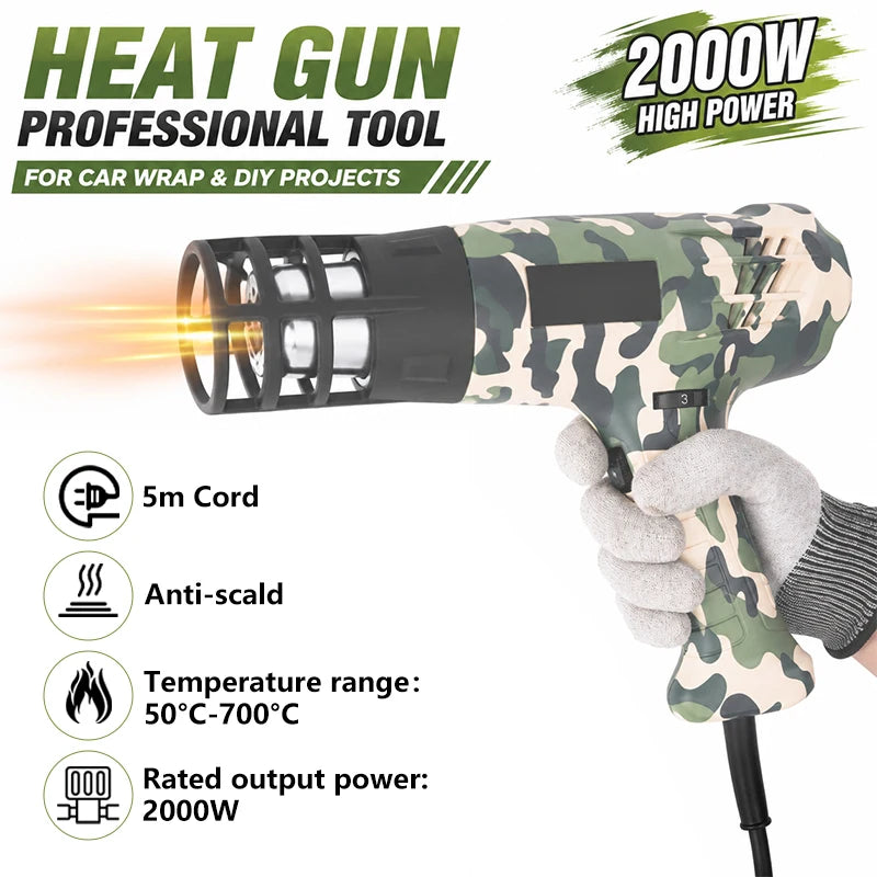 2000W Digital Display Heat Gun Adjustable Temp Anti Scald Hot Air Gun For Car PPF Vinyl Wrap Window Tint Heat Shrink Repair Tool