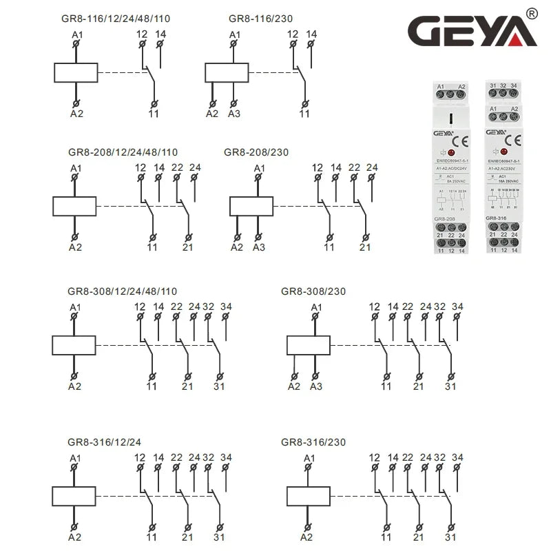GEYA GR8-208 Auxiliary Relay Intermediate Switch 8A 2SPDT 12V 24V 48V 110V 220V RELAYS Din Rail Module
