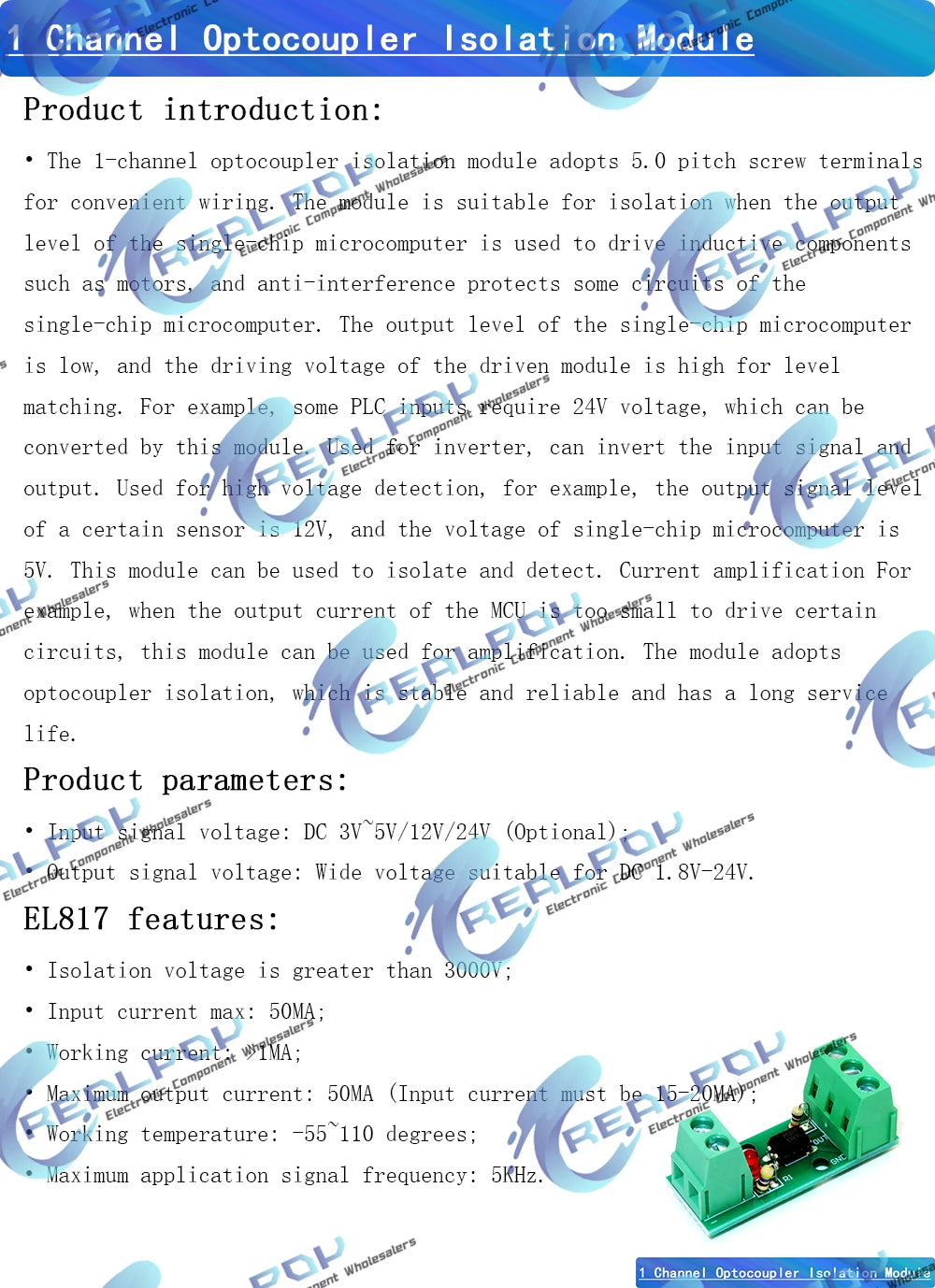 1 Channel Way Optocoupler Isolation Module PC817 EL817 3V-5V 12V 24V Photoelectric Isolator Rail Holder PLC Drive Motor Board