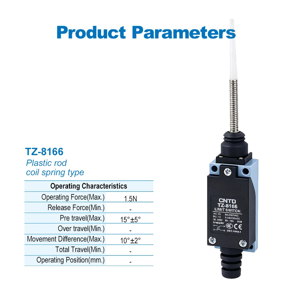 CNTD TZ-8166 Plunger Limit Switch SPDT 250VAC 6A with Coil Spring Rod IP65 Waterproof Industrial Micro Switch CE Certified