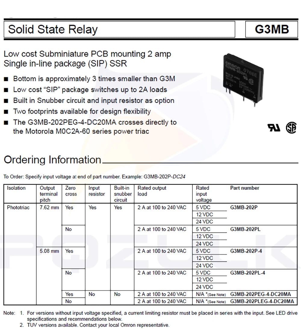 10PCS New original solid state relay G3MB-202P-5VDC G3MB-202P-5V G3MB-202P DC-AC PCB SSR In 5V/12V/24VDC,Out 240V AC 2A