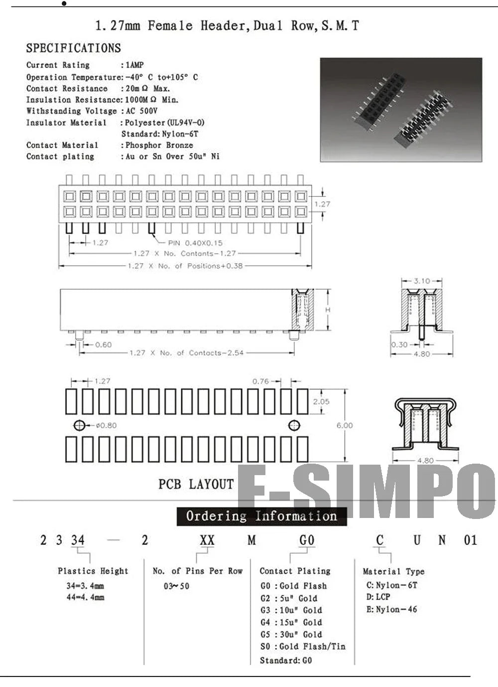 100pcs SMT 1.27mm Dual Vertical SMD PCB 2*3P 2X4P 2X5P 2X6P 2X7P 2X10P 2*12P PH4.3mm Gold Rohs Female Pin Header Connector