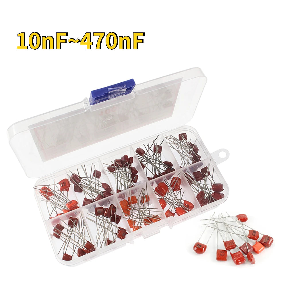 CBB Polypropylene Film Capacitor Box Kit 10nF~470nF Capacitor Bank 10nF 22nF 33nF 47nF 100nF 220nF 330nF 470nF 100 PCS