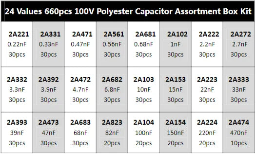 24Value 660pcs Mylar capacitor kit 100V 2A221J to 2A474J 10nF 100nF 0.1uF 1uF Polyester Film capacitor Assorted Kit