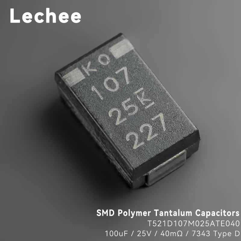 5pcs/lot T521D107M025ATE040  25V 100uF 7343 Type D SMD Polymer Tantalum Capacitors Low ESR 40mOhms New and Original
