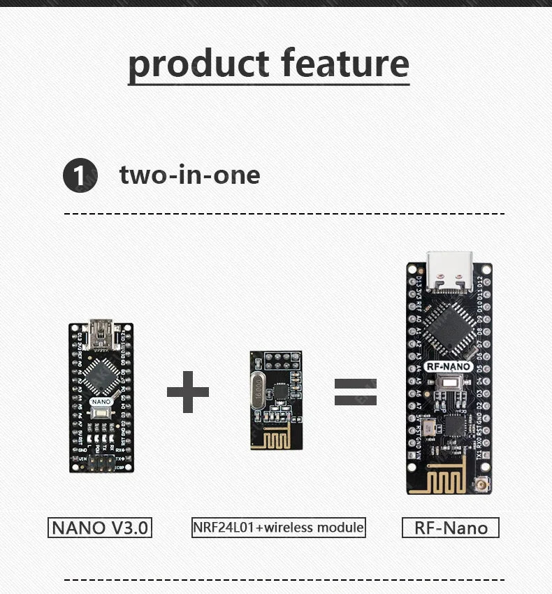 RF-Nano Board and Antenna Kit NRF24L01 Module Inside Arduino Compatible USB-C Support Arduino IDE ATmega328PB-AU Microcontroller