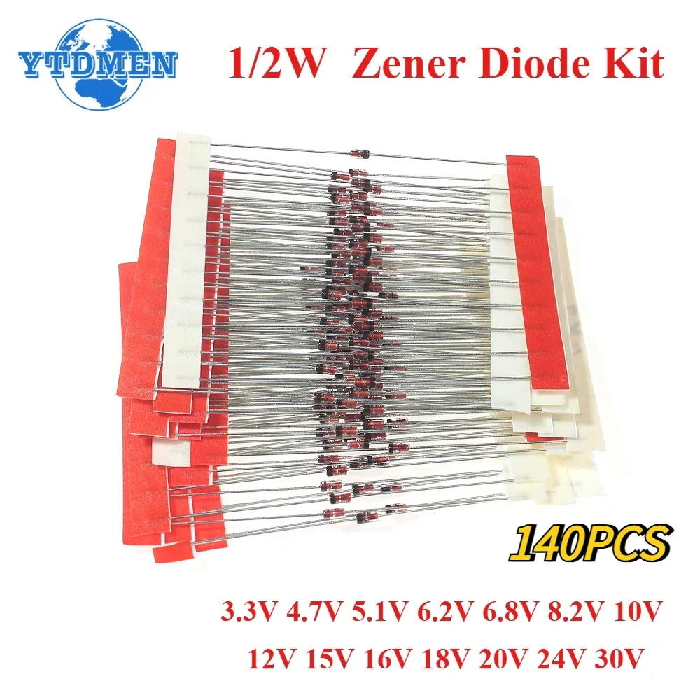 140pcs 1/2W Zener Diode Kit 0.5W DO-35 3.3V-30V 14Values Each 10pcs DIY Sample Assortment Set