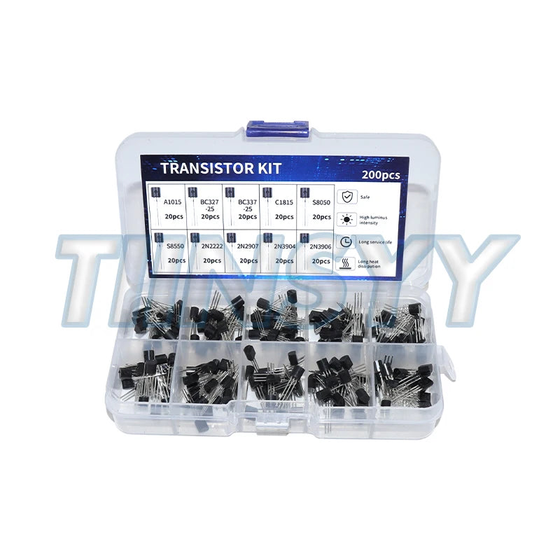 200pcs BJT Transistor Kit Bipolar Power Transistors A1015 BC327 BC337 C1815 S8050 S8850 2N2222 2N2907 2N3904 2N3906 PNP NPN