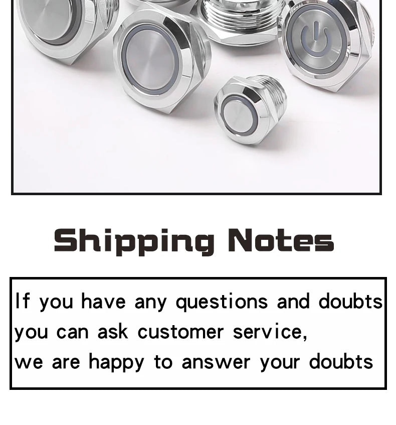 12/16/19/22mm Metal Push Button Switch Short Stroke Silver Shell Waterproof High Head With Power LED Light Momentary 1NO 6V 24V