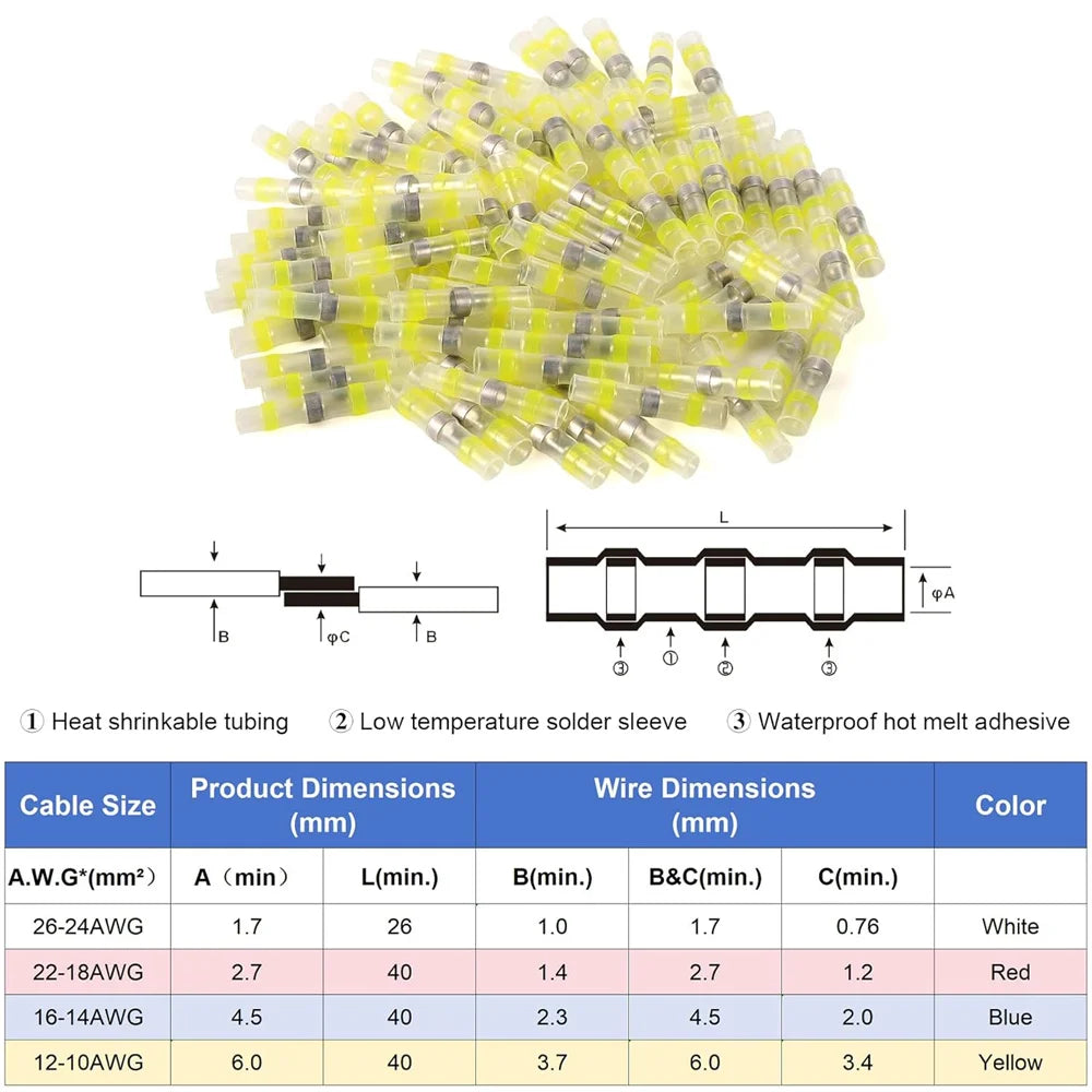 50-500PCS Heat Shrink Solder Seal Wire Connectors Tube Terminals Butt Connectors Terminals Solder Sleeve Wire Splice Connector