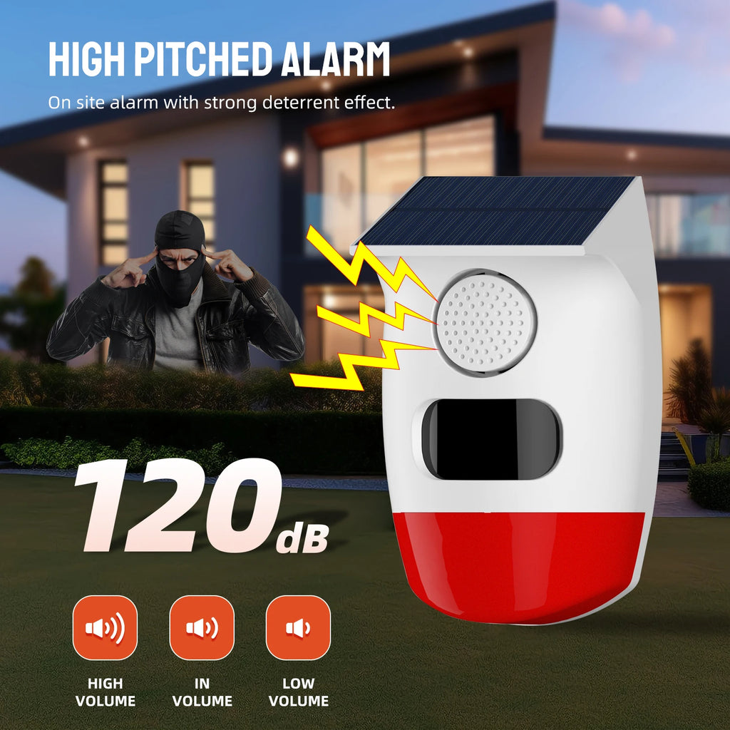 Outdoor Solar Alarm PIR Infrared Motion Sensor 120dB Siren Sound Light Flash Waterproof Security Protection for Yard